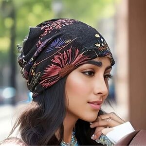 Vintage Floral Slouchy Beanie Cap for Women - Polyester Knit Fabric,